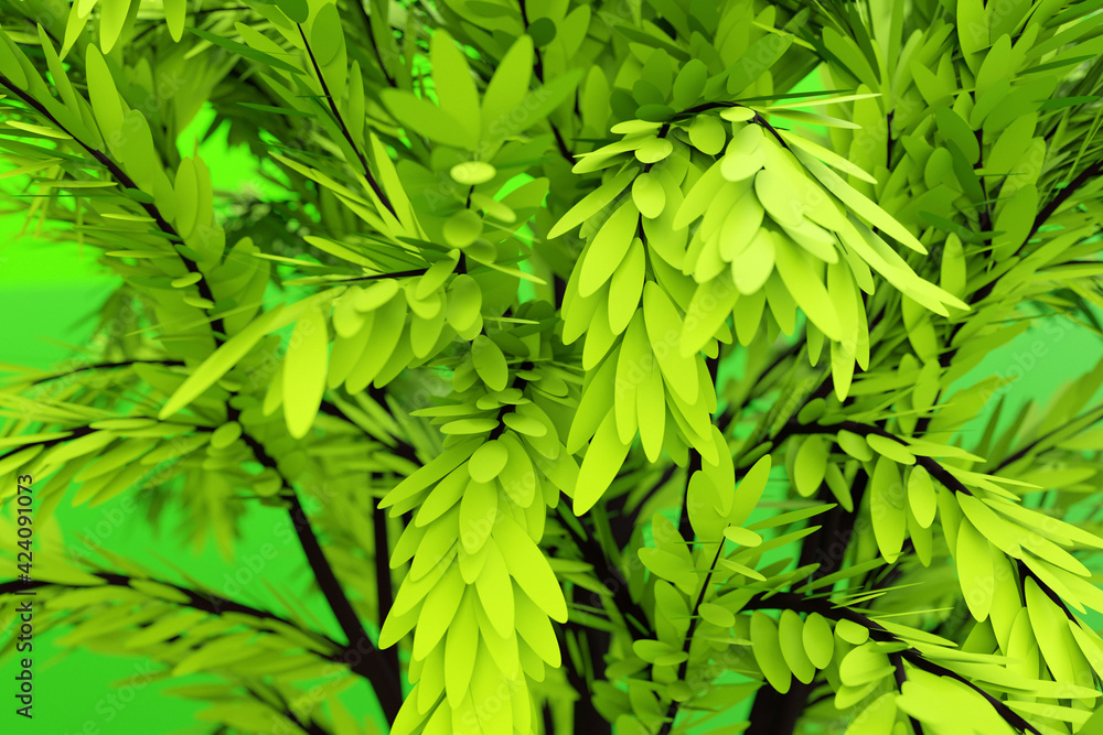 3d illustration  close up of realistic green decorative tree isolated on  green background. Stylized deciduous tree