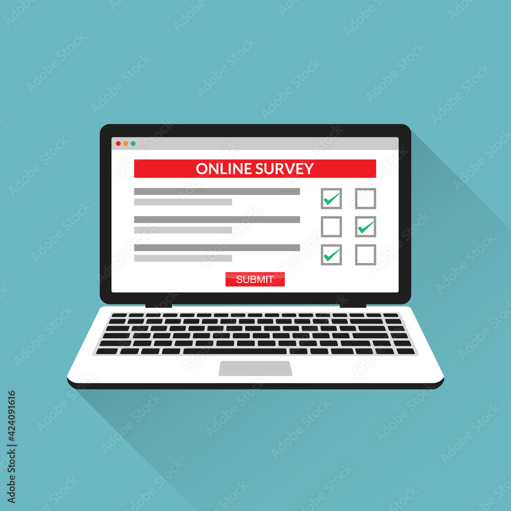 Online survey checklist questionnaire on laptop screen vector illustration. Online survey checklist questionnaire on laptop screen vector illustration.
