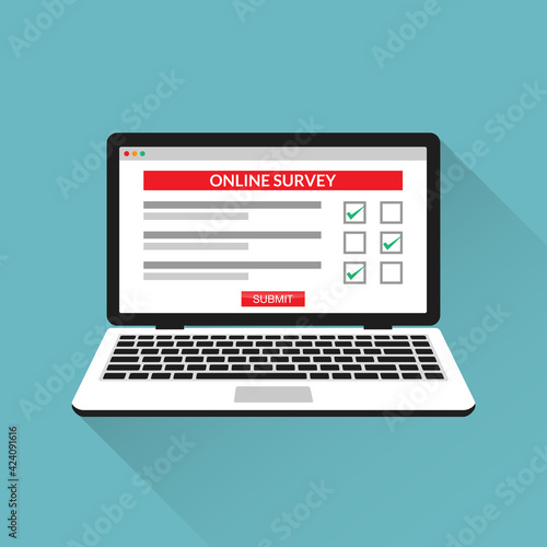 Online survey checklist questionnaire on laptop screen vector illustration.