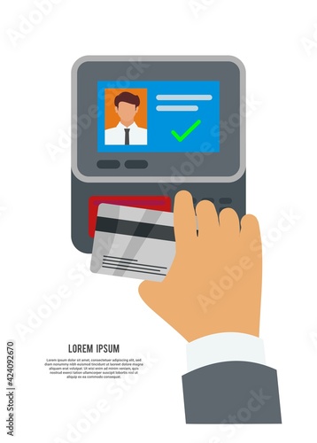 Hand scanning ID card to the attendance machine. Simple flat illustration