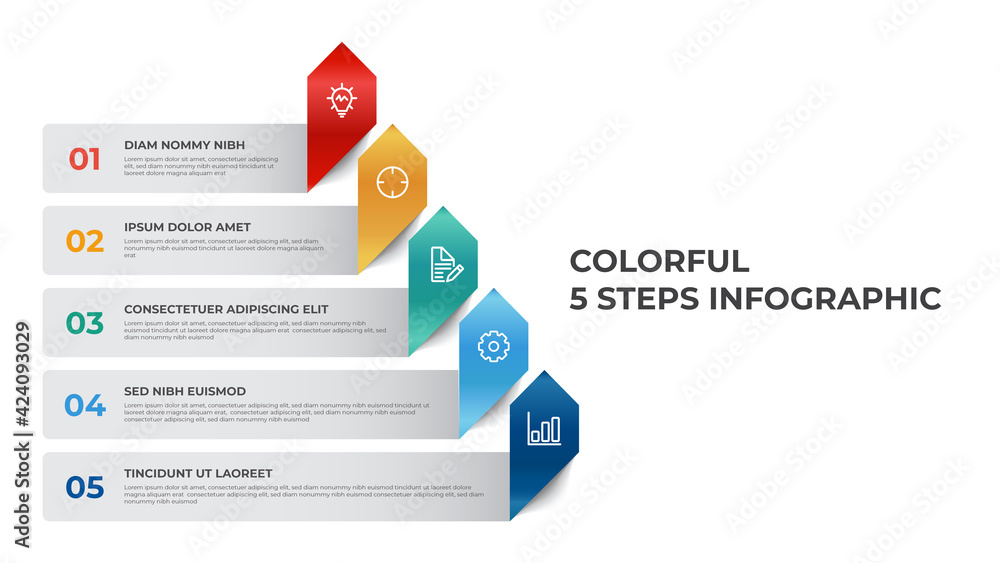 5 points of list diagram, pyramid steps with arrow layout, infographic ...