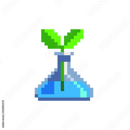 Eco technology concept. Lab flask pixel art icon. Chemical test tube with green plant. Logo for pharmacy, science, medicine, education, biotechnology and health. Isolated vector illustration.