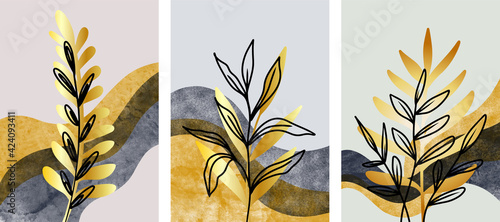 set of Mountain and Botanical wall art, Abstract Leaves, boho branch Mountain art for wall decoration, postcard or brochure design. Vector illustration.