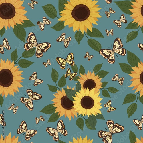 Sunflower and butterflies seamless pattern. Sunflower flower and leaves. Botanical element. Vector isolated pattern for design