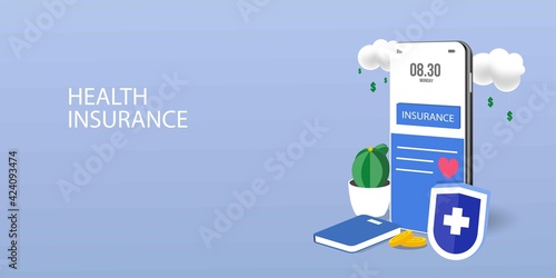 Health Insurance Contract. Staff in Hospital Office filling Medical Document Form. Health care Concept. Flat Isometric Vector Illustration.