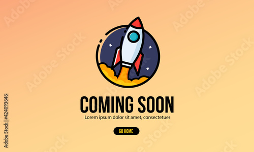 Coming soon Page Interface Design with Rocket Ship Vector Illustration