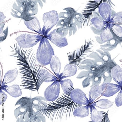 Navy Seamless Nature. White Pattern Hibiscus. Blue Tropical Leaf. Cobalt Wallpaper Art. Indigo Drawing Leaf. Gray Decoration Texture. Monstera Leaves.