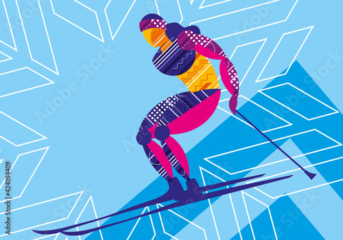 Skier on a colored background. Decorative graphics. Art design. Vector illustration