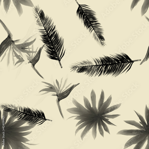 Gray Pattern Textile. Black Seamless Design. White Tropical Palm. Decoration Hibiscus. Drawing Textile. Isolated Leaves. Flower Painting. Summer Illustration. © Surendra