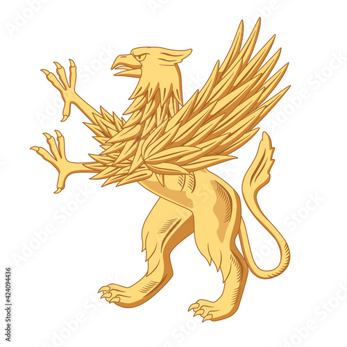 The heraldic golden griffin stands on its hind legs. Vector graphics