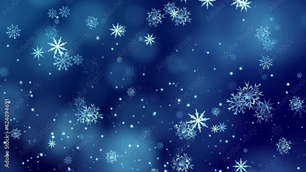 4K Loop Snow falling on blue sky with Blue particles in the winter Christmas background merry christmas, Holiday, winter, New Year, snowflake, snow, festive, snow flakes. new Yeaer