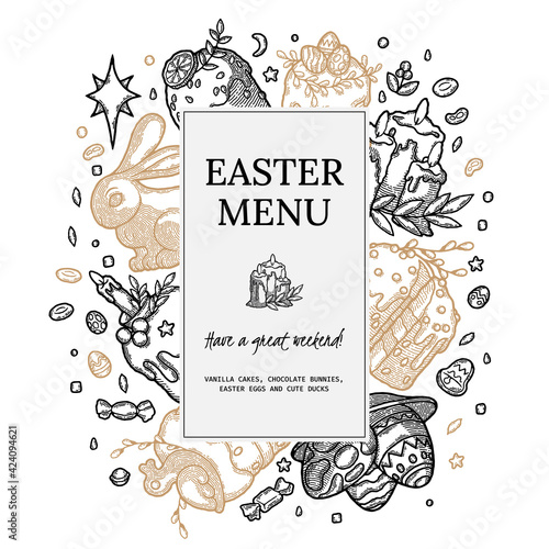 Rustic Easter Menu Template as vector image. Ready to Use Engraved style Illustration with Design Elements. Kulich with Orange, Seed, Berry, Candle, Duck, Colored Egg with Pattern on Plate and Candy