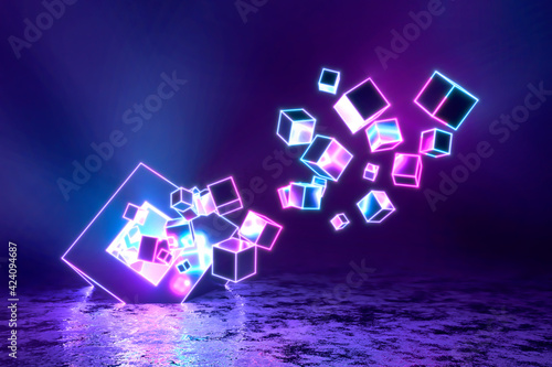 Abstract modern neon ultraviolet three-dimensional background, a lot of cubes flying in an explosion in motion from a huge cube lying on the shiny floor. 3d illustration