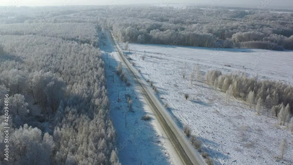 Aerial video of winter road surrounded by birch forest. Aerial video of winter road surrounded by birch forest.
