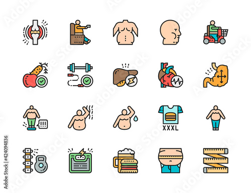 Set of Obesity Flat Color Line Icons. Fat Face, Junk Food, Diet and more.