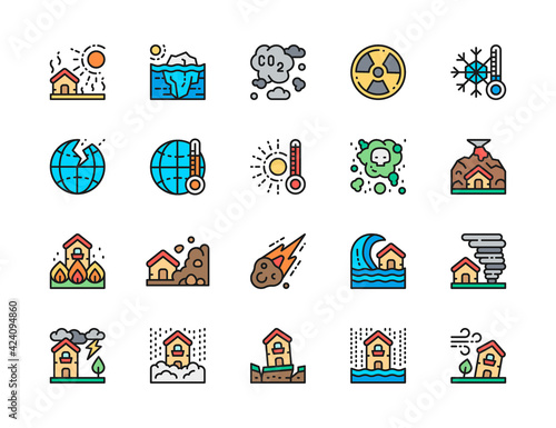 Set of Natural Disaster Flat Color Line Icons. Drought, Global Warming and more.