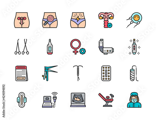 Set of Gynecology Color Line Icons. Thermometer, Pregnancy Test, Tampon and more