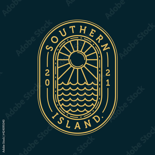 Island or Beach Logo Vector Illustration. Island Exclusive Logo Template. Beach Logo Badge. Sun, Sea and Mountain Logo Concept Inspiration