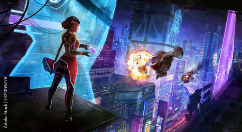 Quadro su tela girl with katana in a cyberpunk city