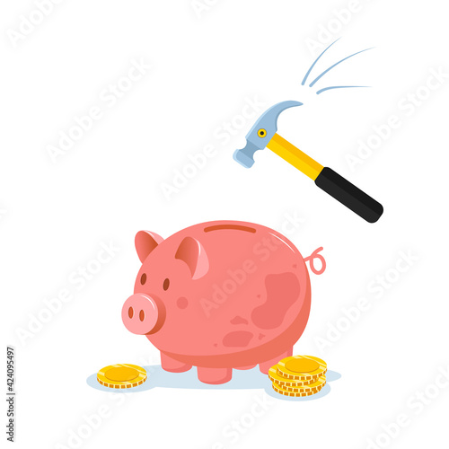 Piggy bank with hammer raised above it to smash. Spending money concept. Financial symbol. Banking or business services. Vector illustration in flat cartoon style.
