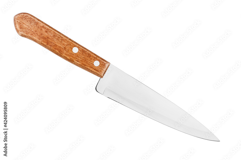 Steel knife with brown wooden handle on white background isolated close up, big chef knife, sharp stainless blade, silver metal butcher knife, kitchen utensil, cutting tool, dangerous weapon Steel knife with brown wooden handle on white background isolated close up, big chef knife, sharp stainless blade, silver metal butcher knife, kitchen utensil, cutting tool, dangerous weapon