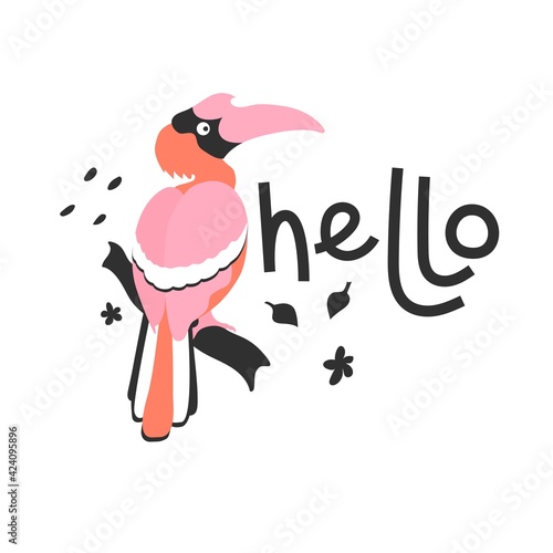 Tropical bird on a branch. Isolated on white background. Quote Hello. Vector illustration. Poster, print, sticker, card design. Use for Childish textile. Funny animals. Asian animals.