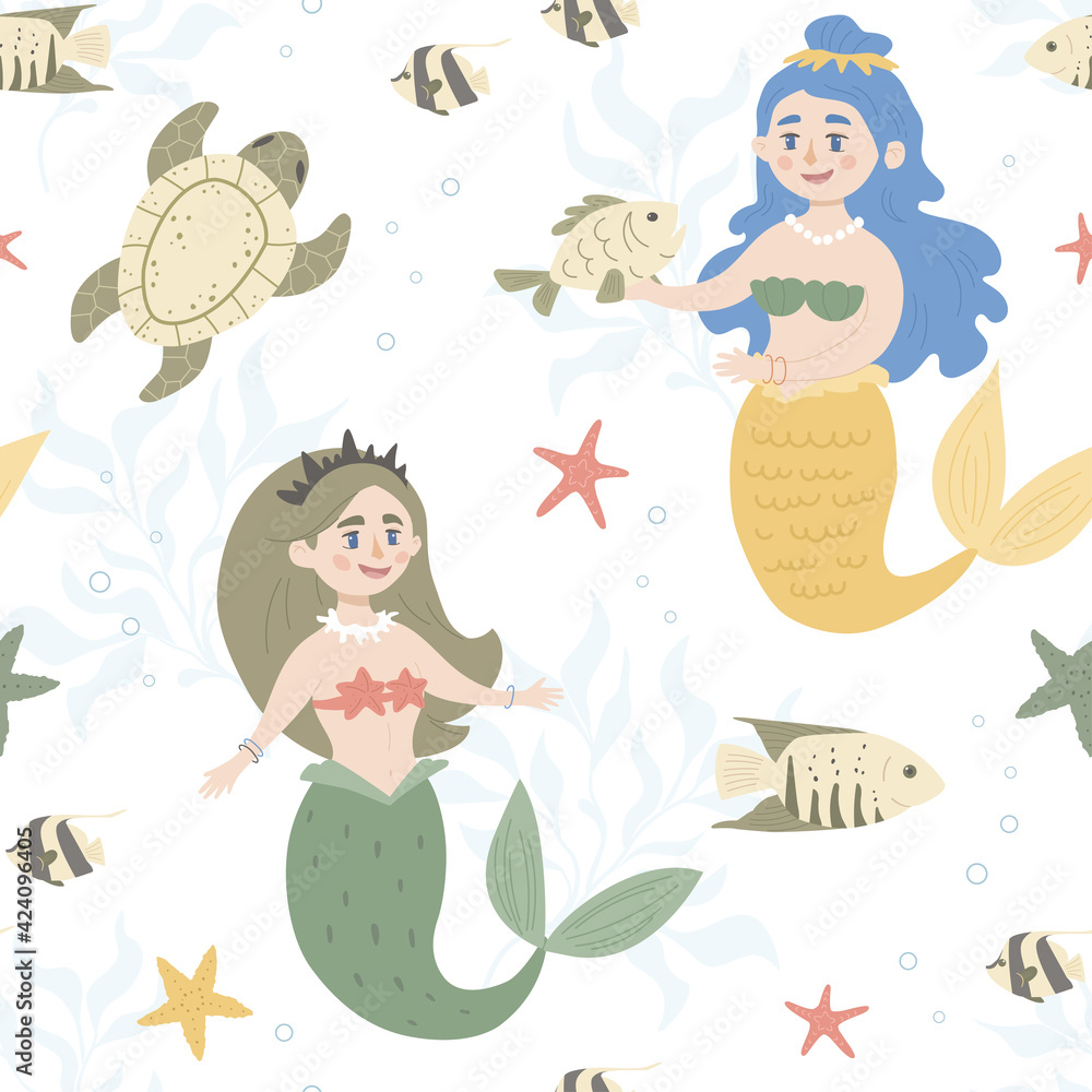 Fototapeta premium Seamless pattern with fairy mermaids and life under water. Great for fabric, textile.Vector Illustration