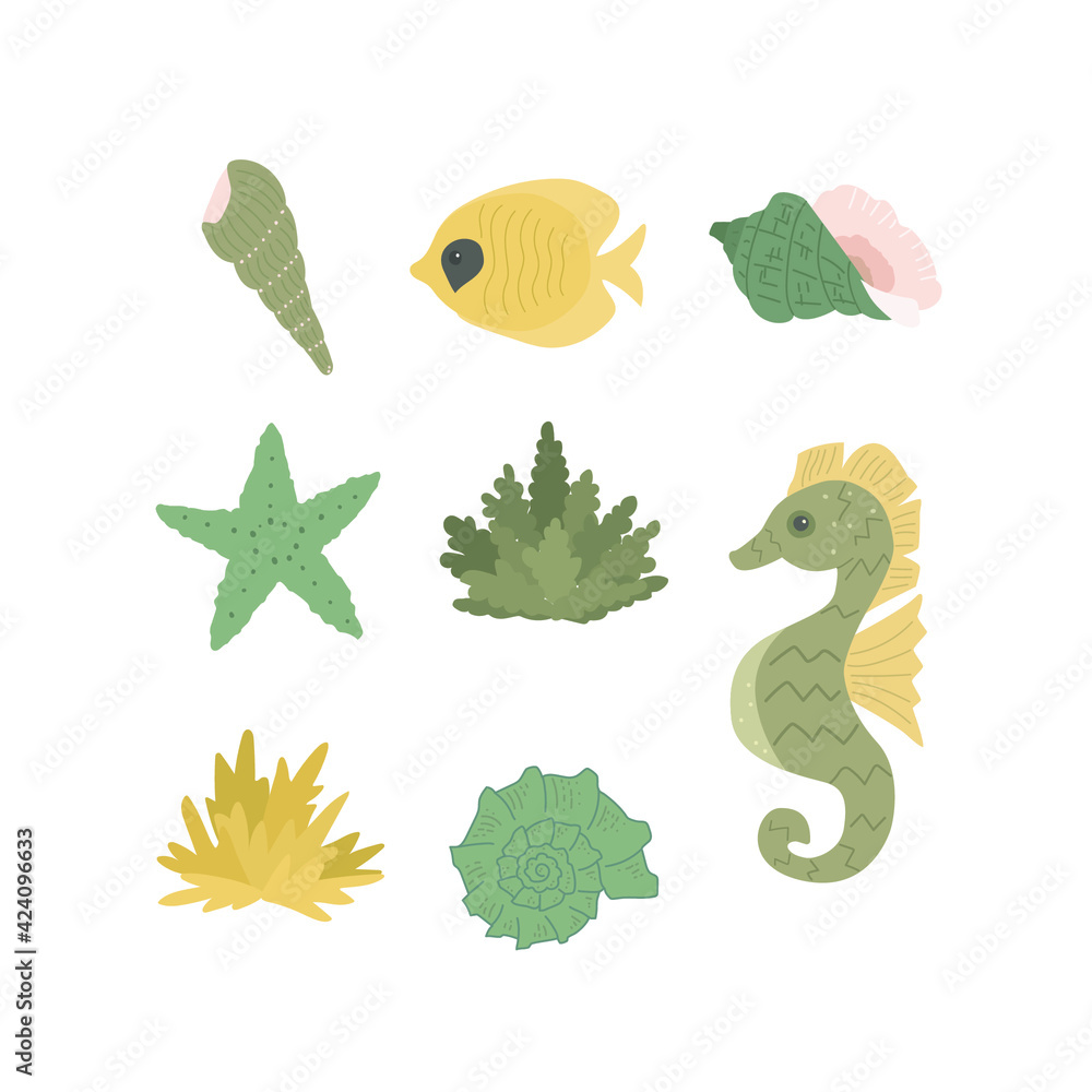 Set of nautical elements - fish, coral, shell, seahorse, starfish. Sea life. Flat vector cartoon illustration isolated on white