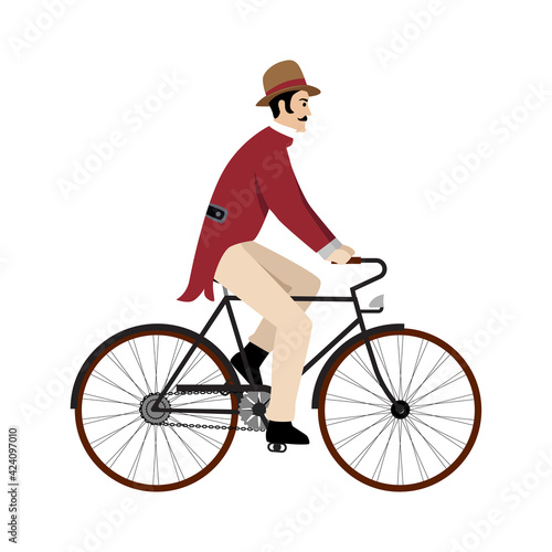 Man on retro vintage old bicycle engraving vector illustration. flat style imitation. Hand drawn image.