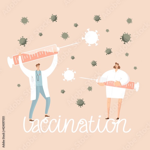Doctors make vaccine by syringe. Fight with virus. Vaccination. Vector  illustration. Poster, print, sticker, card design. Man, woman, people. Medicine technologies, science, global social problems.