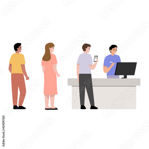 Customers Stand in Line. Purchases Sale Consumerism, Queue in Store Cartoon Flat Vector Illustration.