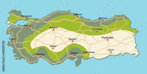 Doodle freehand colorful drawing Turkey map with major cities and highway.