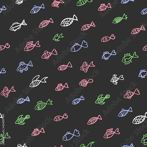 Different fish in doodle style. Vector illustration. Seamless Pattern. Simple. Textile, paper design. Childish clothes. Black  background.