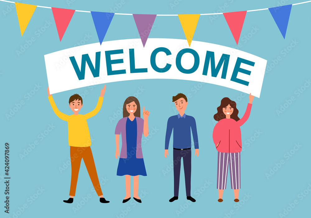 People holding a welcome sign in flat design. Colorful characters welcoming concept. People holding a welcome sign in flat design. Colorful characters welcoming concept.
