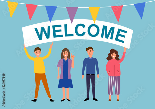 People holding a welcome sign in flat design. Colorful characters welcoming concept.