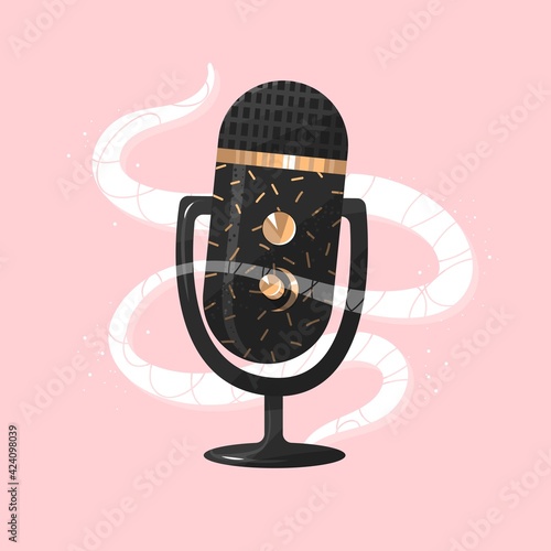 Podcast concept. Gold Microphone, audio, conversation, talk, monologue, speaking, content. Vector illustration. Poster, print, sticker, card design. Isolated on pink background. On-line speaking. 