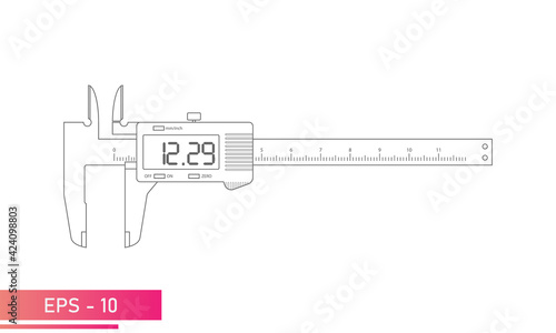 Digital vernier caliper with display and numeric scale in contour design with lines. Tools for technical specialists. Flat vector illustration.