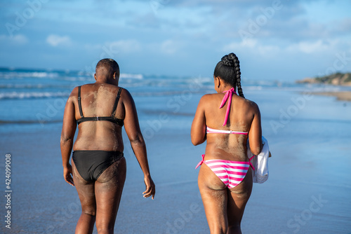 Rear view of two woman walking on the beach