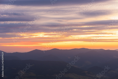 Very beautiful dawn in the Ukrainian Carpathian mountains in summer. © reme80