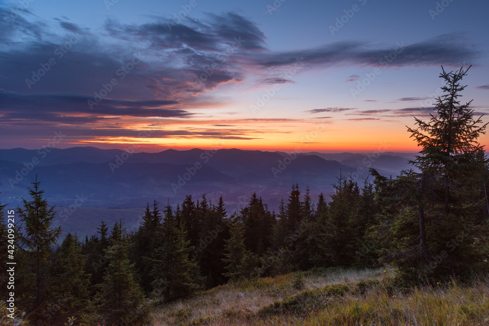 Very beautiful dawn in the Ukrainian Carpathian mountains in summer.