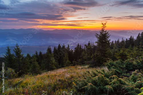 Very beautiful dawn in the Ukrainian Carpathian mountains in summer.