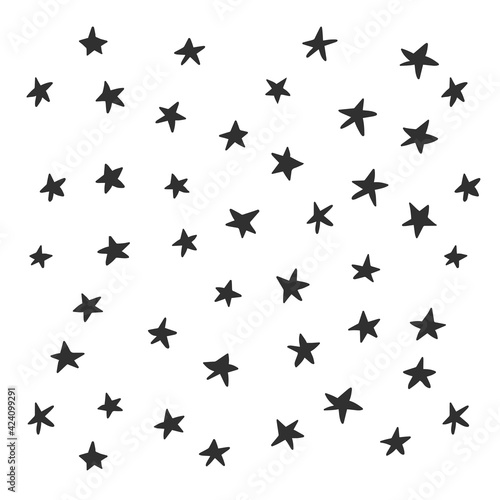 Different shapes White stars on a black background. Hand drawn. Vector illustration. Set, Simple. Textile, paper design. Childish clothes. 