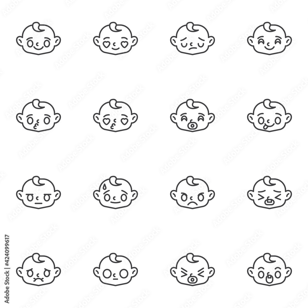 Baby face emoticon line icons set