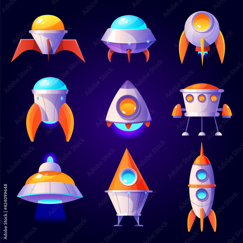 Rockets, ufo and shuttles isolated on blue background. Vector cartoon futuristic design of different spaceships in cosmos, flying saucer, unidentified rocketships and satellites Rockets, ufo and shuttles isolated on blue background. Vector cartoon futuristic design of different spaceships in cosmos, flying saucer, unidentified rocketships and satellites
