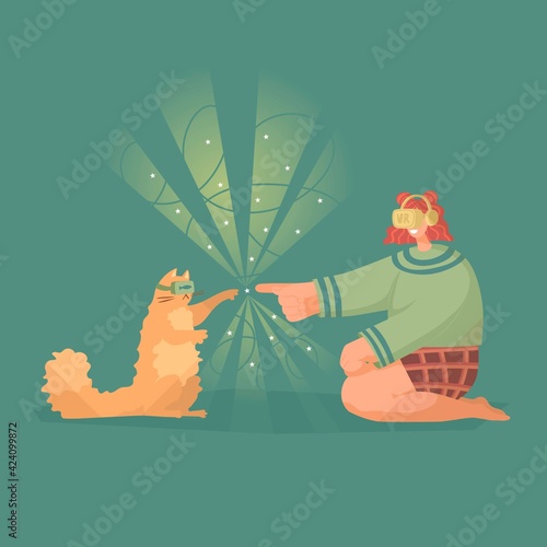 Virtual reality. Vector illustration. Girl and cat. Flat style. Poster, print, card design. Computer technology. Interactive world. Cyber space. Happy game. Isolated on green background.