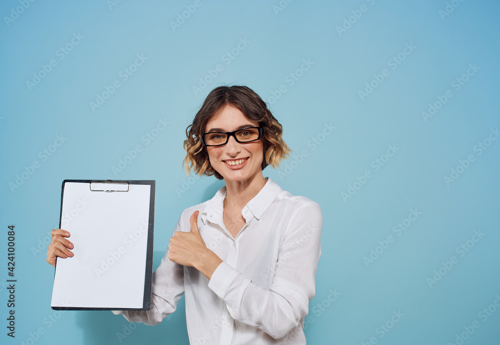 Business woman with document folder white sheet of paper business mockup Business woman with document folder white sheet of paper business mockup