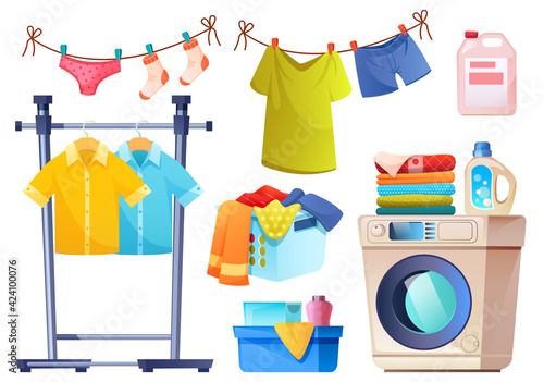 Laundry room equipment for wash and dry clothes. Vector cartoon set of washing machine, basket, detergent in bottles, powder and rope with hanging underwear and shirts isolated on white background