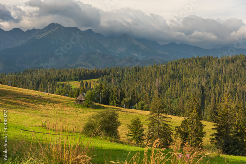 Beautiful views of the Polish High Tatras with mountain lakes and picturesque houses in the summer season © reme80