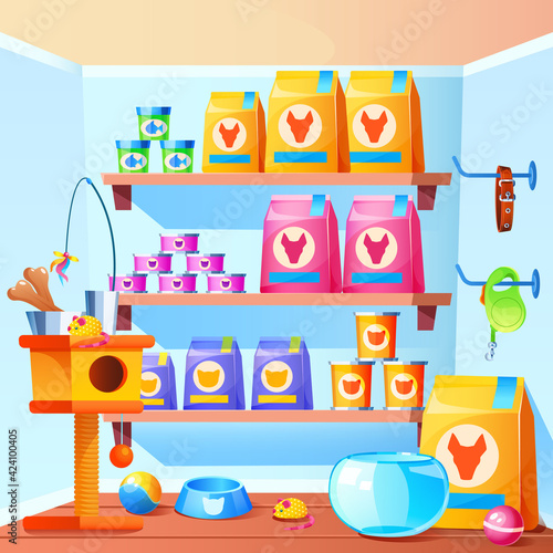 Pet shop interior with scratching post for cats, toys, bowl, feed in bag and cans. Vector cartoon illustration of store with accessories for domestic animals, aquarium for fish, collar for dogs, balls
