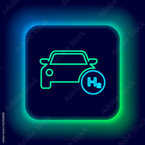 Glowing neon line Hydrogen car icon isolated on black background. H2 station sign. Hydrogen fuel cell car eco environment friendly zero emission. Colorful outline concept. Vector